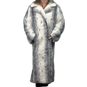 Metrostyle Faux Fur Full-Length Coat Women’s Size LT Gray White Long Plush